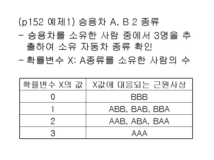(p 152 예제 1) 승용차 A, B 2 종류 - 승용차를 소유한 사람 중에서