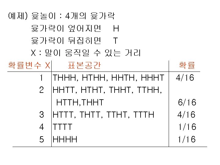 예제) 윷놀이 : 4개의 윷가락이 엎어지면 H 윷가락이 뒤집히면 T X : 말이 움직일