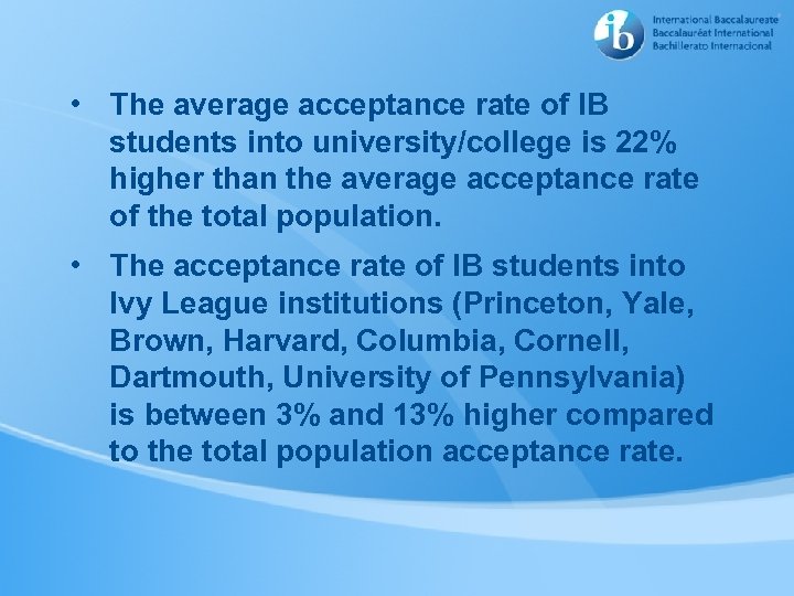  • The average acceptance rate of IB students into university/college is 22% higher