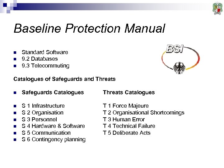 Baseline Protection Manual n n n Standard Software 9. 2 Databases 9. 3 Telecommuting