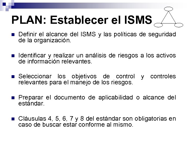 PLAN: Establecer el ISMS n Definir el alcance del ISMS y las políticas de