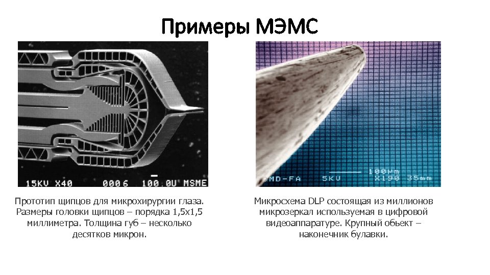 Примеры МЭМС Прототип щипцов для микрохирургии глаза. Размеры головки щипцов – порядка 1, 5