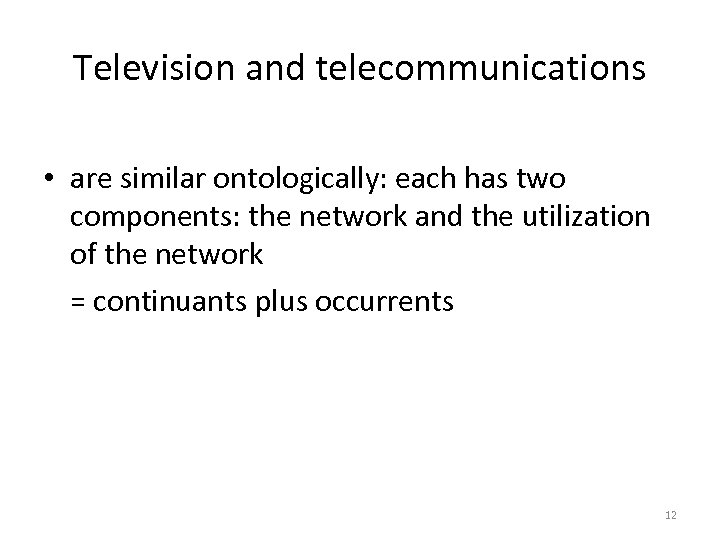 Television and telecommunications • are similar ontologically: each has two components: the network and