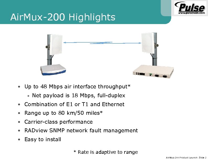Air. Mux-200 Highlights • Up to 48 Mbps air interface throughput* • Net payload
