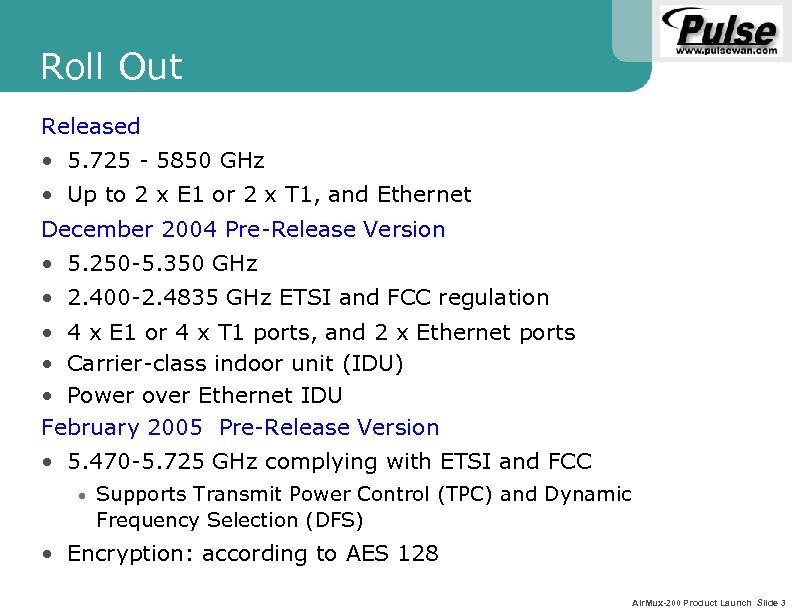 Roll Out Released • 5. 725 - 5850 GHz • Up to 2 x