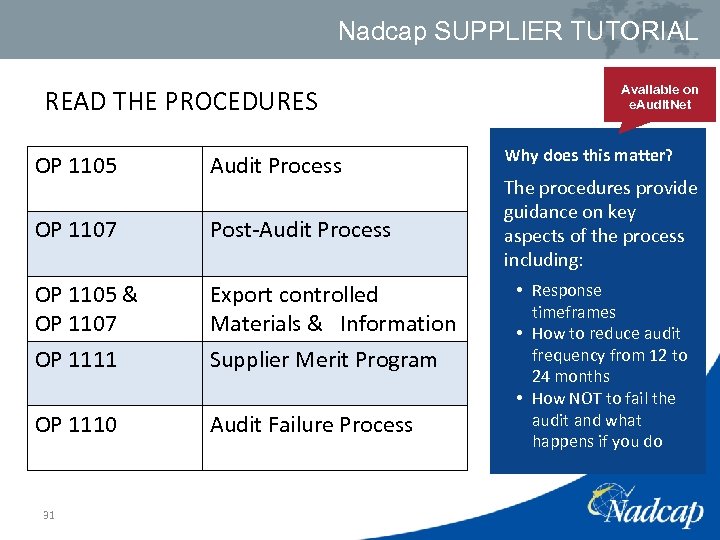 Nadcap SUPPLIER TUTORIAL READ THE PROCEDURES OP 1105 Audit Process OP 1107 Post-Audit Process