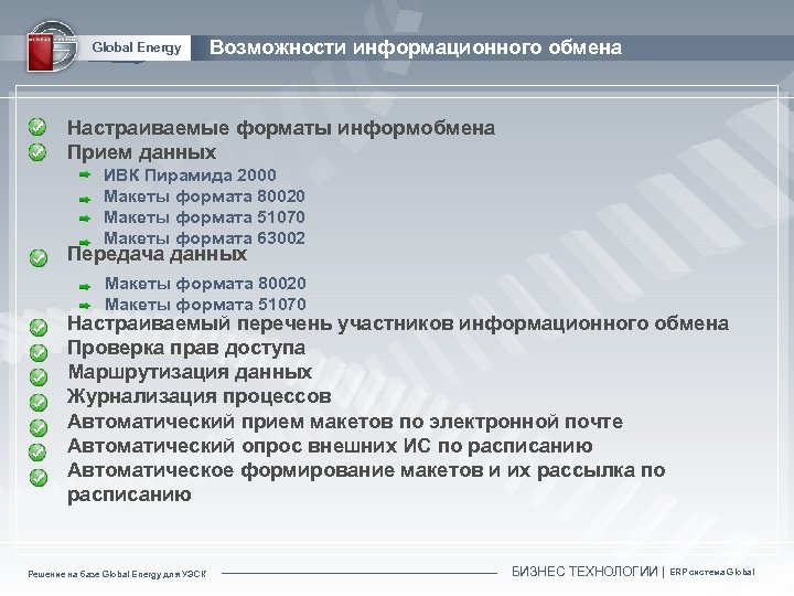 Global Energy Возможности информационного обмена Настраиваемые форматы информобмена Прием данных ИВК Пирамида 2000 Макеты