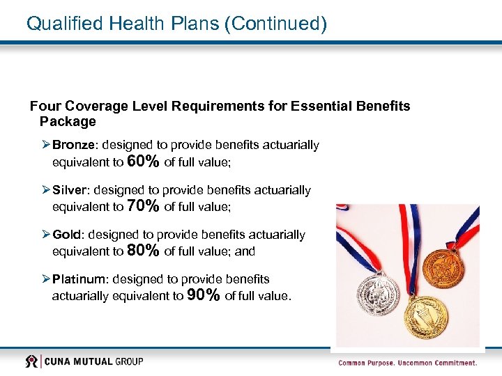 Qualified Health Plans (Continued) Four Coverage Level Requirements for Essential Benefits Package Ø Bronze: