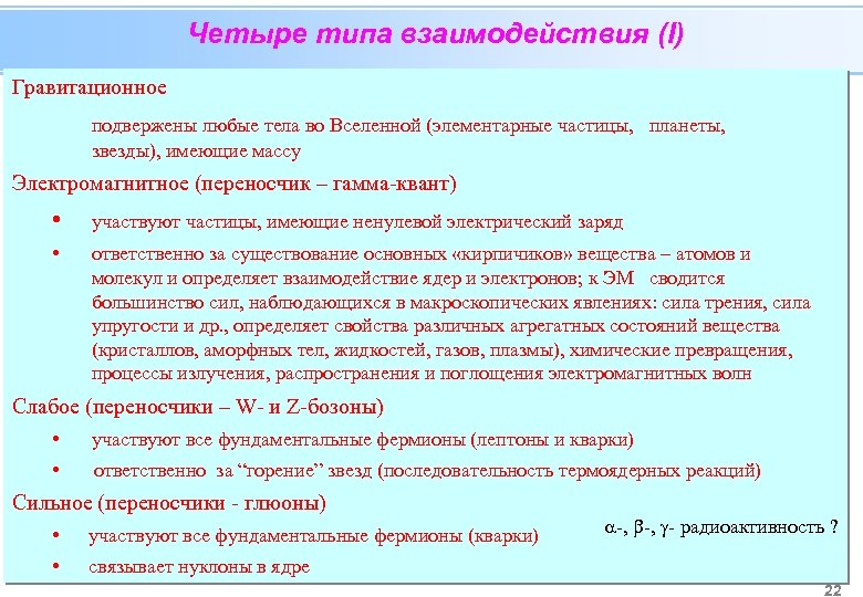 Четыре типа взаимодействия (I) Гравитационное подвержены любые тела во Вселенной (элементарные частицы, планеты, звезды),