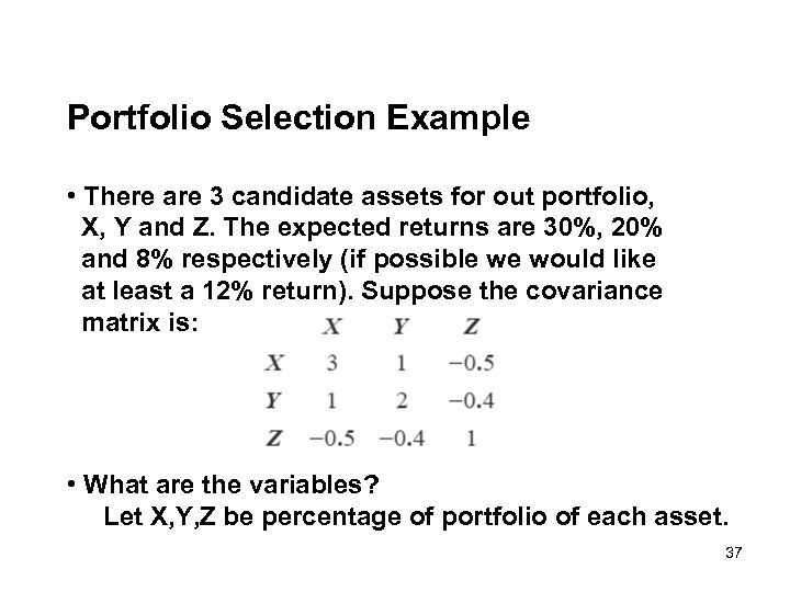 Portfolio Selection Example • There are 3 candidate assets for out portfolio, X, Y