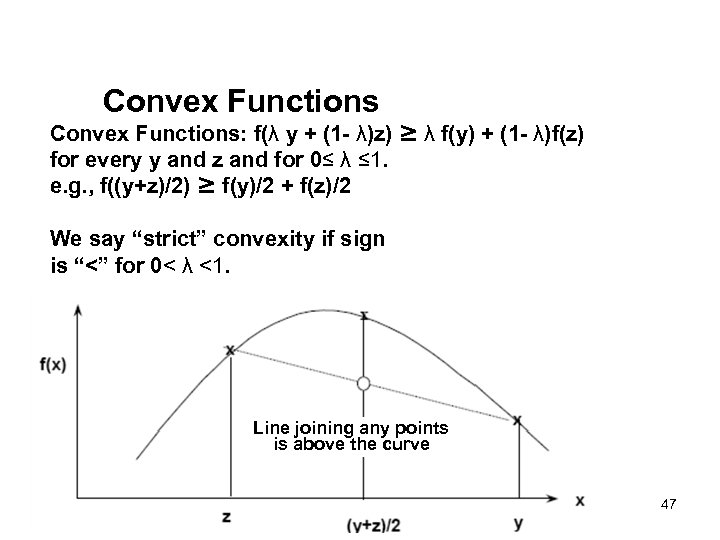 Convex Functions: f(λ y + (1 - λ)z) ≥ λ f(y) + (1 -