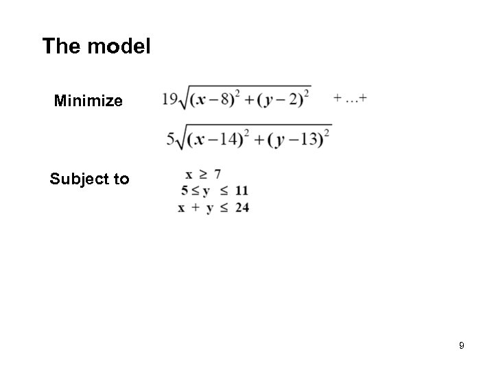 The model Minimize Subject to 9 