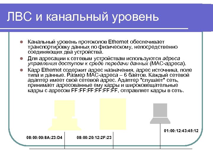 ЛВС и канальный уровень Канальный уровень протоколов Ethernet обеспечивает транспортировку данных по физическому, непосредственно