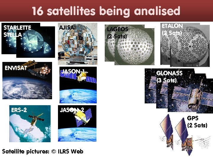 16 satellites being analised STARLETTE STELLA ENVISAT ERS-2 AJISAI JASON-1 LAGEOS (2 Sats) ETALON