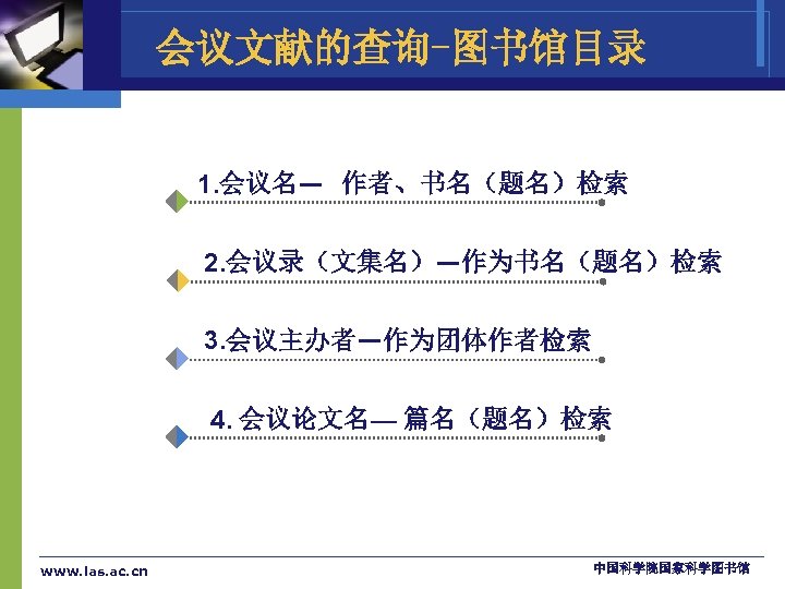 会议文献的查询-图书馆目录 1. 会议名— 作者、书名（题名）检索 2. 会议录（文集名）—作为书名（题名）检索 3. 会议主办者—作为团体作者检索 4. 会议论文名— 篇名（题名）检索 www. las. ac.