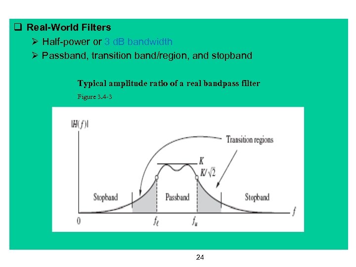q Real-World Filters Ø Half-power or 3 d. B bandwidth Ø Passband, transition band/region,