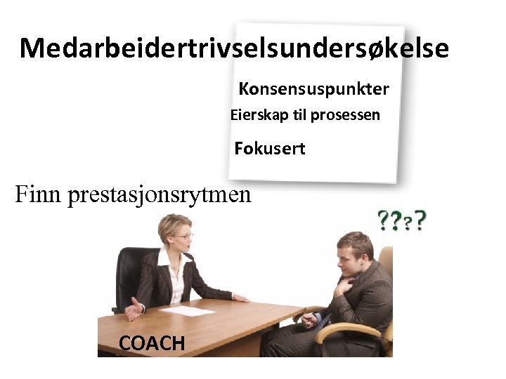 Medarbeidertrivselsundersøkelse Konsensuspunkter Eierskap til prosessen Fokusert Finn prestasjonsrytmen COACH 