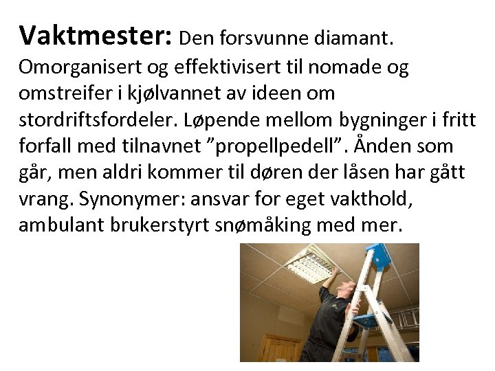 Vaktmester: Den forsvunne diamant. Omorganisert og effektivisert til nomade og omstreifer i kjølvannet av