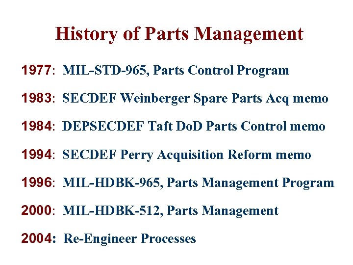 History of Parts Management 1977: MIL-STD-965, Parts Control Program 1983: SECDEF Weinberger Spare Parts