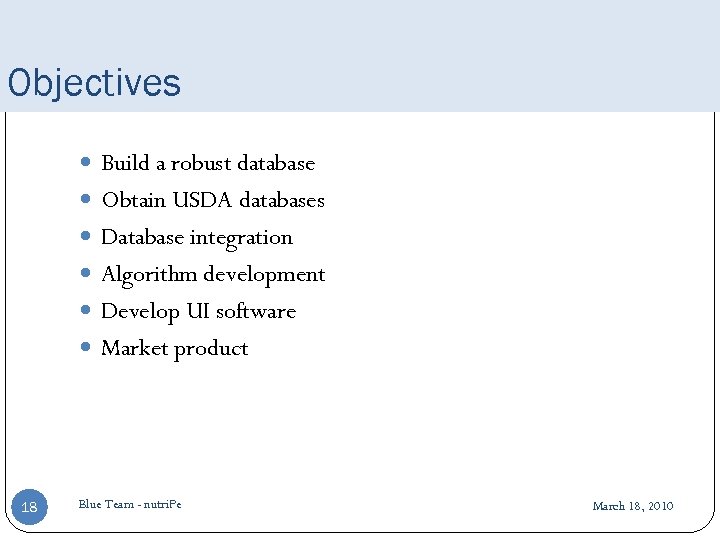 Objectives Build a robust database Obtain USDA databases Database integration Algorithm development Develop UI