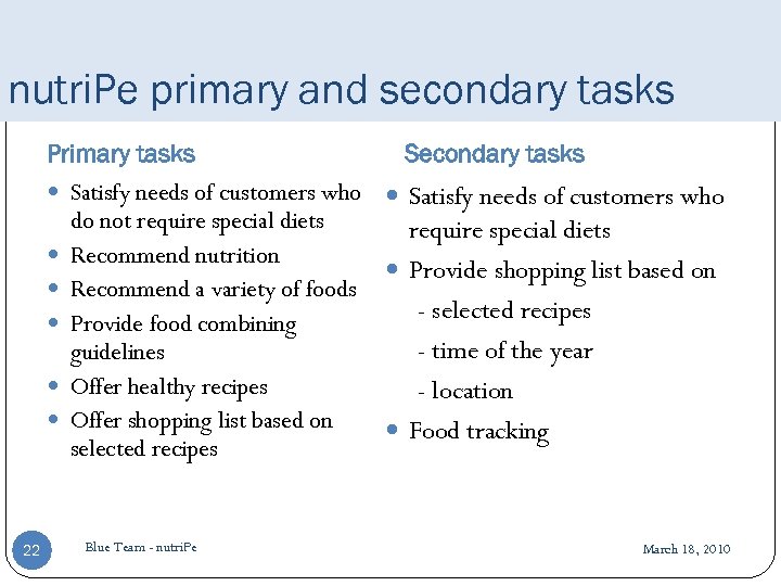 nutri. Pe primary and secondary tasks Primary tasks Secondary tasks Satisfy needs of customers
