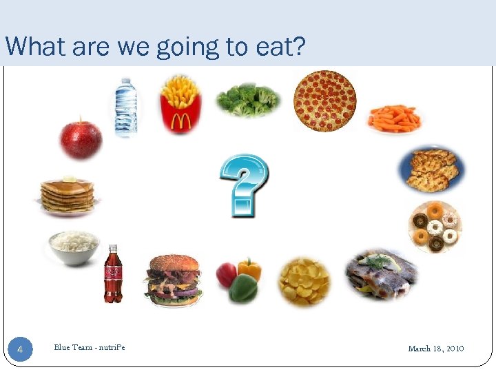 What are we going to eat? 4 Blue Team - nutri. Pe March 18,