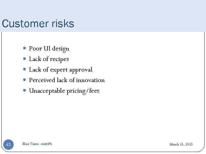 Customer risks Poor UI design Lack of recipes Lack of expert approval Perceived lack