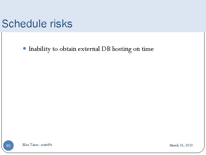 Schedule risks Inability to obtain external DB hosting on time 45 Blue Team -