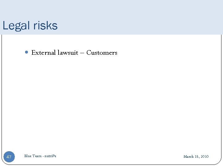 Legal risks External lawsuit – Customers 47 Blue Team - nutri. Pe March 18,