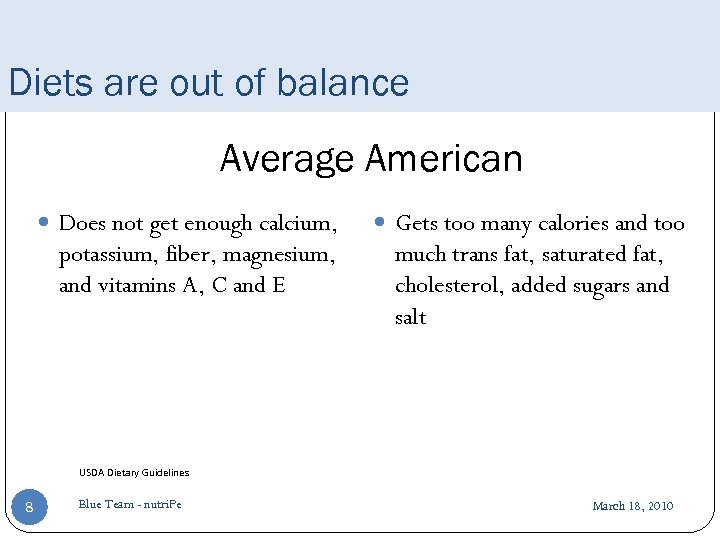 Diets are out of balance Average American Does not get enough calcium, potassium, fiber,