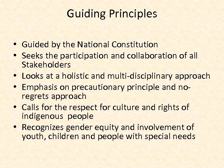 Guiding Principles • Guided by the National Constitution • Seeks the participation and collaboration