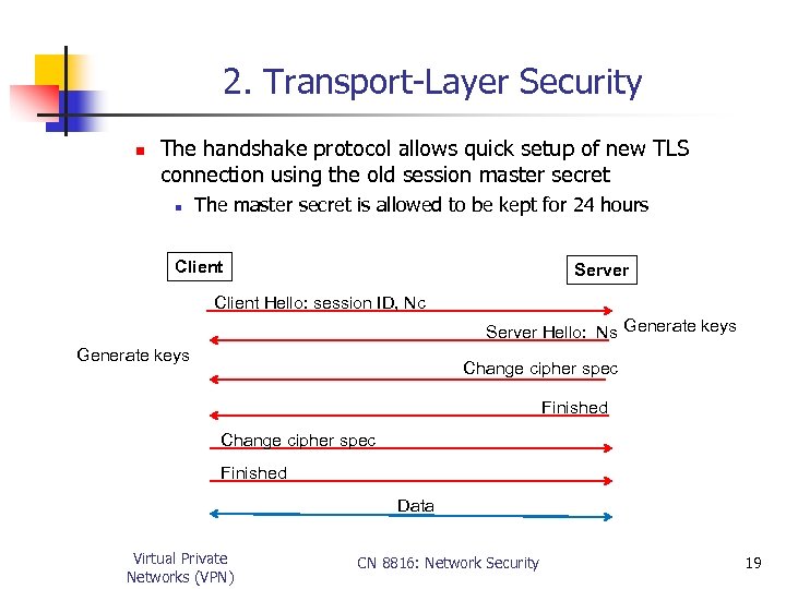 2. Transport-Layer Security n The handshake protocol allows quick setup of new TLS connection