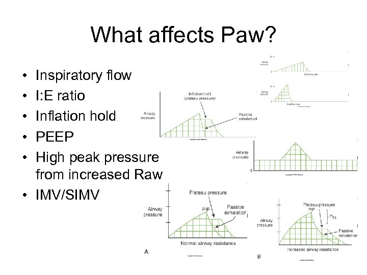 What affects Paw? • • • Inspiratory flow I: E ratio Inflation hold PEEP