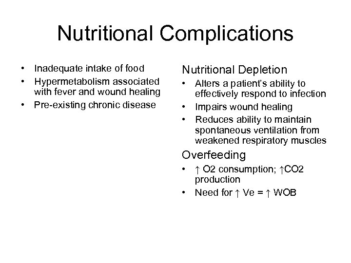 Nutritional Complications • Inadequate intake of food • Hypermetabolism associated with fever and wound