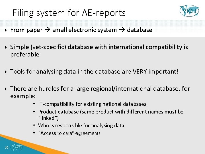 Filing system for AE-reports From paper small electronic system database Simple (vet-specific) database with