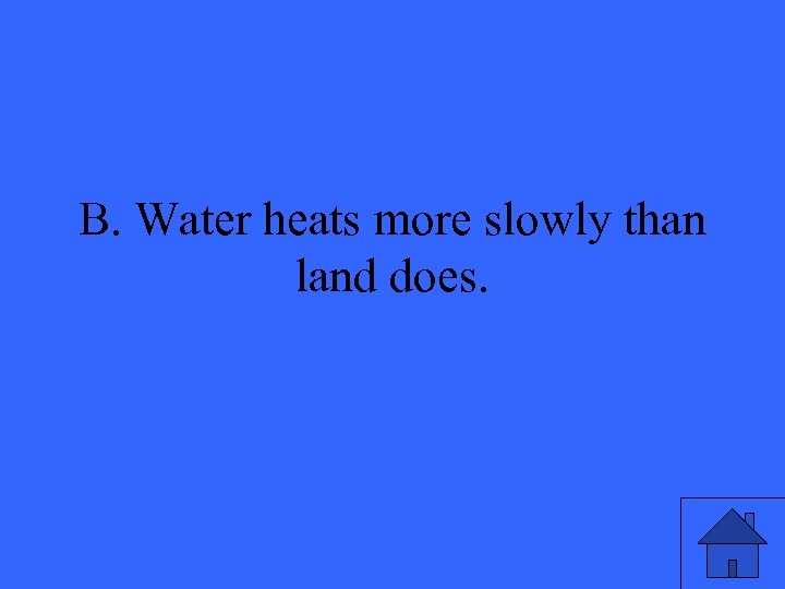 B. Water heats more slowly than land does. 