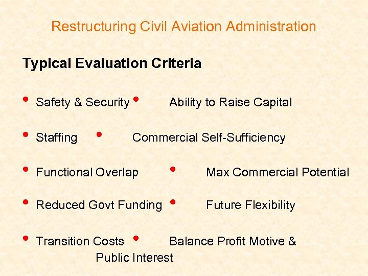 Restructuring Civil Aviation Administration Typical Evaluation Criteria • Safety & Security • Staffing •