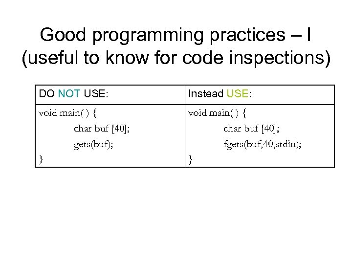 Good programming practices – I (useful to know for code inspections) DO NOT USE: