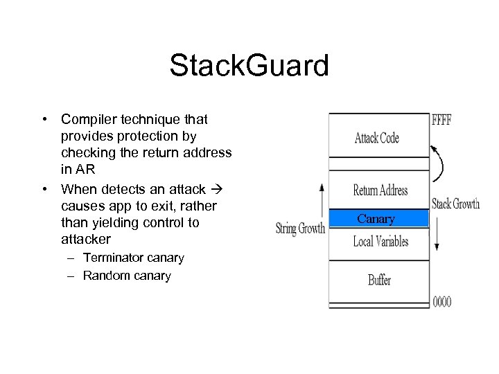 Stack. Guard • Compiler technique that provides protection by checking the return address in