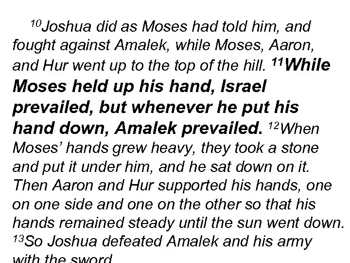 10 Joshua did as Moses had told him, and fought against Amalek, while Moses,