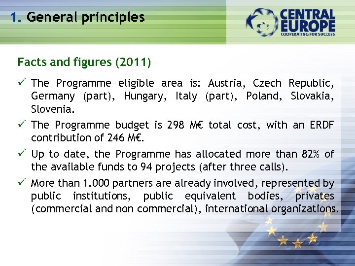 1. General principles Facts and figures (2011) ü The Programme eligible area is: Austria,