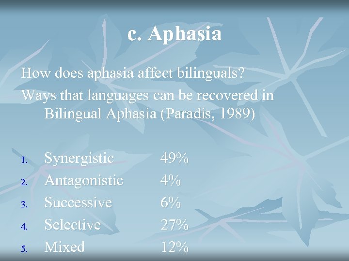 c. Aphasia How does aphasia affect bilinguals? Ways that languages can be recovered in