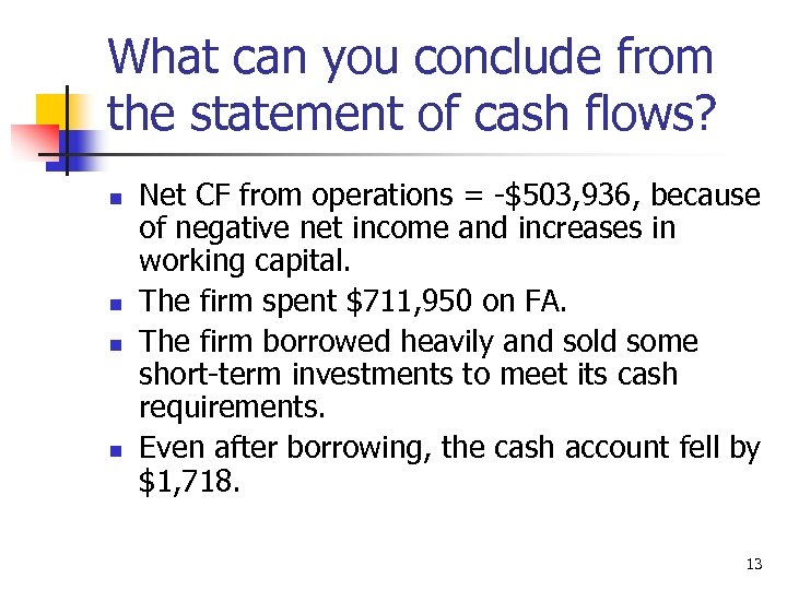 What can you conclude from the statement of cash flows? n n Net CF