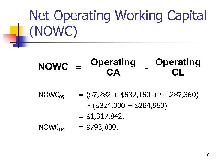 Net Operating Working Capital (NOWC) Operating NOWC = CA CL NOWC 05 = ($7,