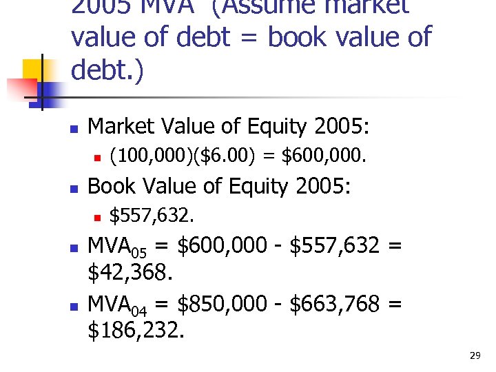 2005 MVA (Assume market value of debt = book value of debt. ) n