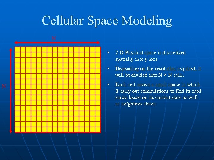 Cellular Space Modeling N • • N 2 -D Physical space is discretized spatially