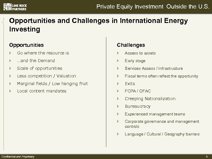 Private Equity Investment Outside the U. S. Opportunities and Challenges in International Energy Investing