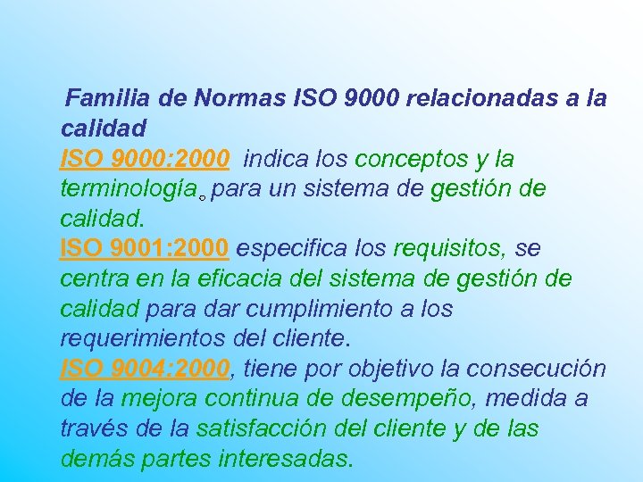 Familia de Normas ISO 9000 relacionadas a la calidad ISO 9000: 2000 indica los