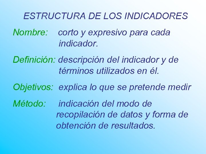 ESTRUCTURA DE LOS INDICADORES Nombre: corto y expresivo para cada indicador. Definición: descripción del