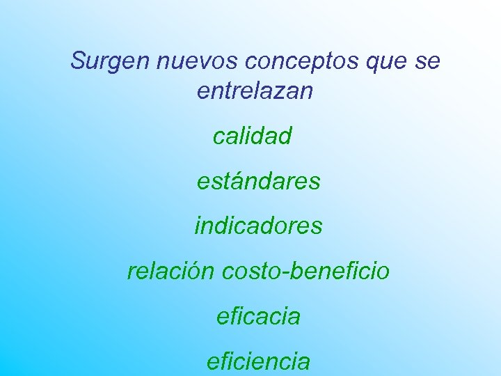 Surgen nuevos conceptos que se entrelazan calidad estándares indicadores relación costo-beneficio eficacia eficiencia 